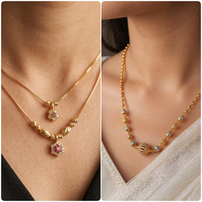 Micro Gold Plated Floral & Beaded Pendant Necklace Combo for Women