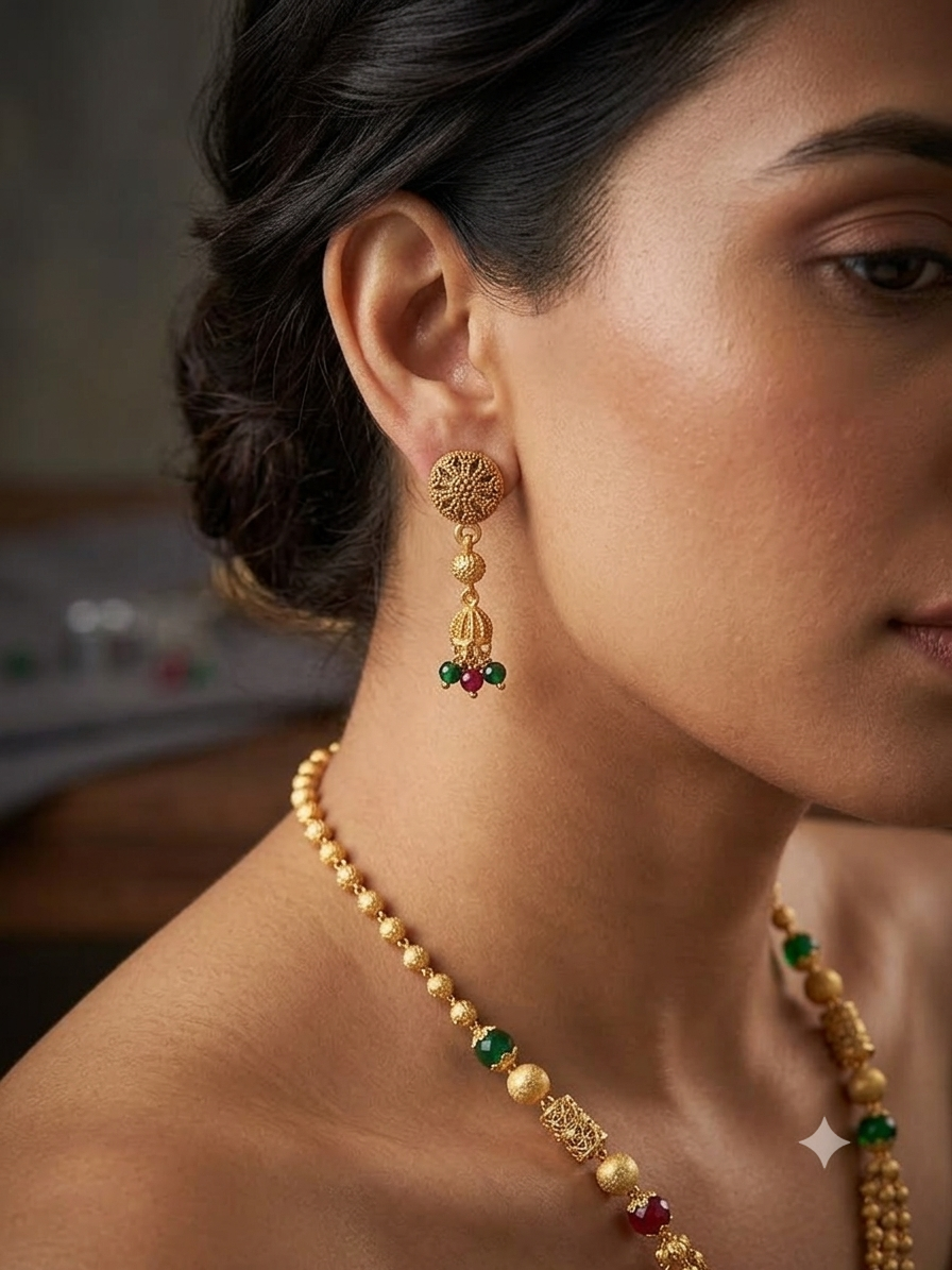 Micro Gold Plated Green & Ruby Beaded 3 Layer Ball Mala Necklace Set with Designer Earrings for Women