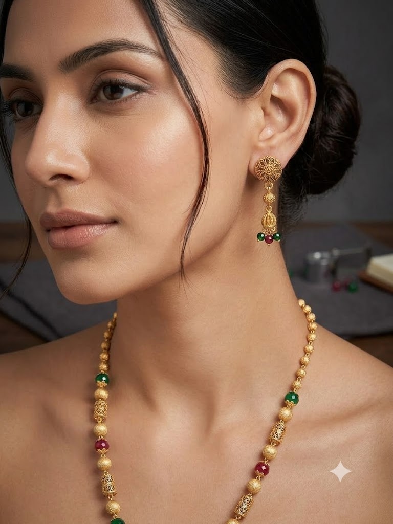 Micro Gold Plated Green & Ruby Beaded 3 Layer Ball Mala Necklace Set with Designer Earrings for Women