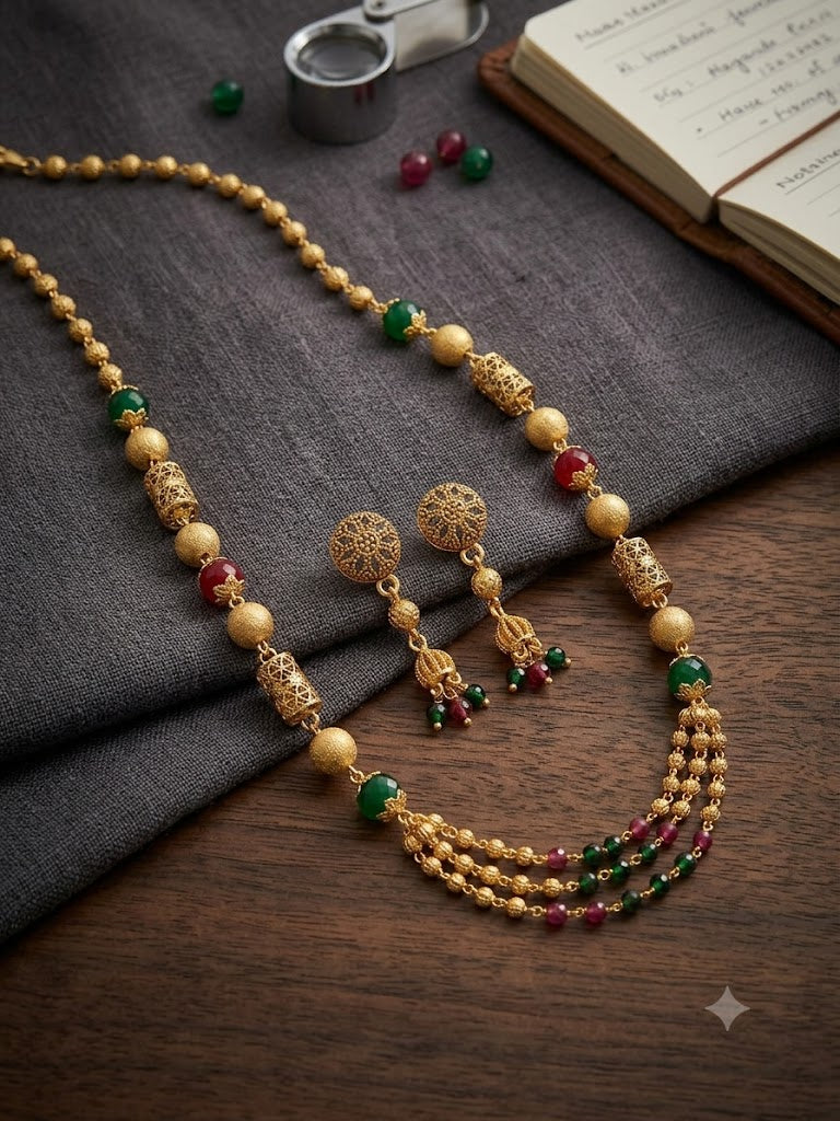 Micro Gold Plated Green & Ruby Beaded 3 Layer Ball Mala Necklace Set with Designer Earrings for Women