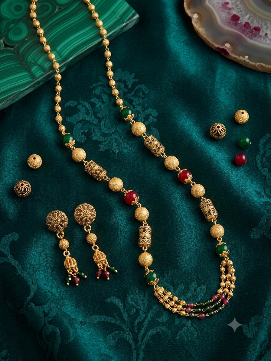 Micro Gold Plated Green & Ruby Beaded 3 Layer Ball Mala Necklace Set with Designer Earrings for Women