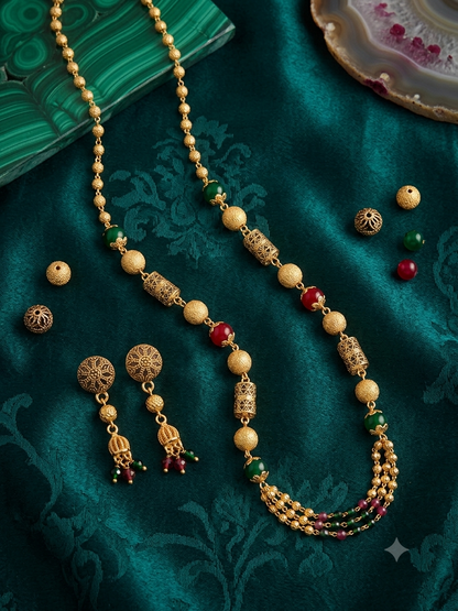 Micro Gold Plated Green & Ruby Beaded 3 Layer Ball Mala Necklace Set with Designer Earrings for Women