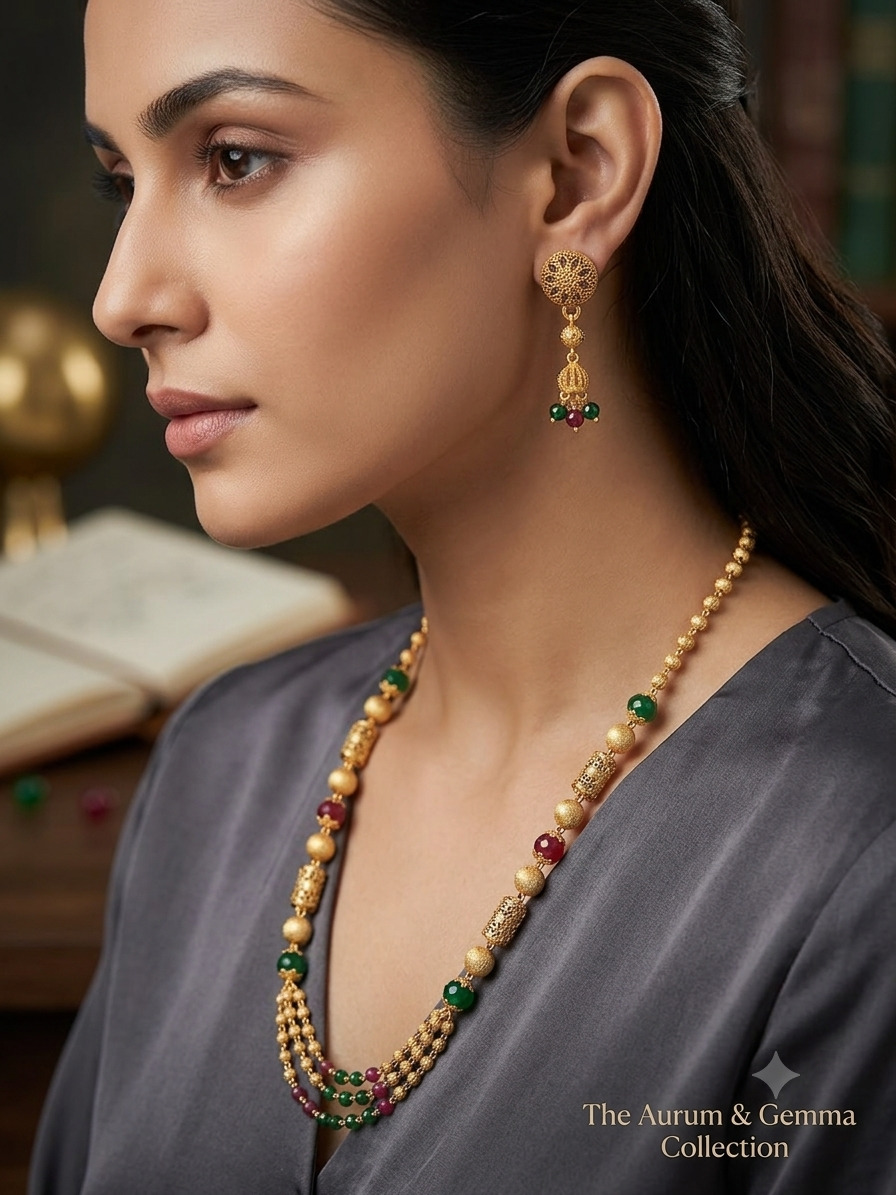 Micro Gold Plated Green & Ruby Beaded 3 Layer Ball Mala Necklace Set with Designer Earrings for Women