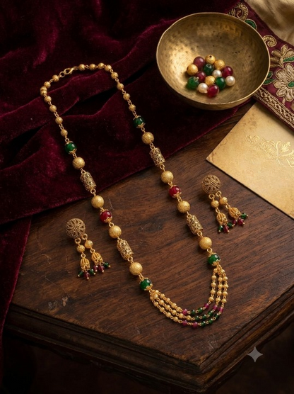 Micro Gold Plated Green & Ruby Beaded 3 Layer Ball Mala Necklace Set with Designer Earrings for Women
