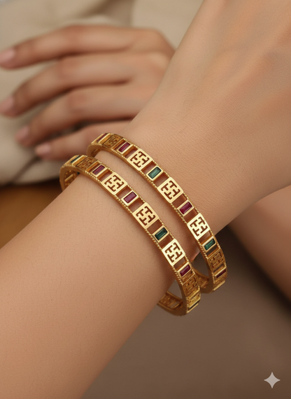 Micro Gold Plated Premium Geometric Stone Bangles (Kadli) 2 pc