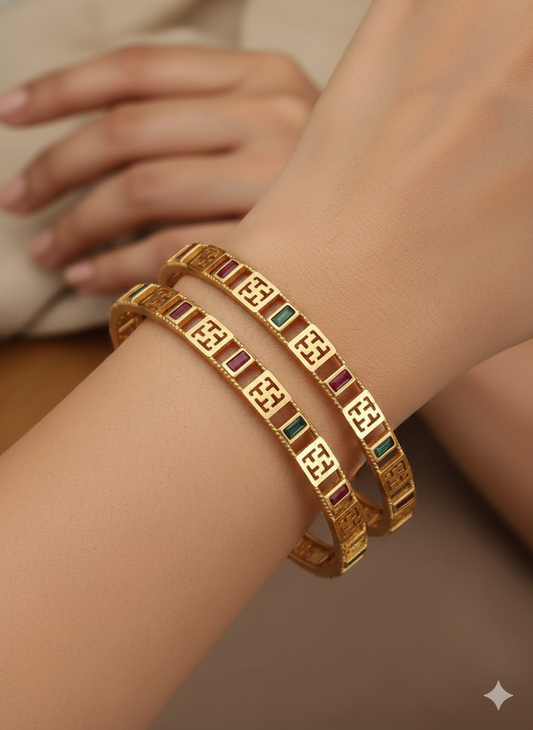 Micro Gold Plated Premium Geometric Stone Bangles (Kadli) 2 pc