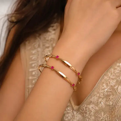 Micro Gold-Plated Ruby Stone Sleek Designer Bangles – Set of 2