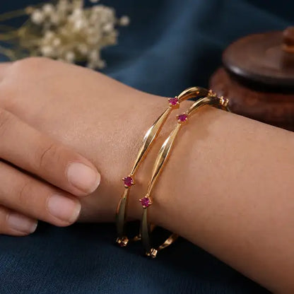Micro Gold-Plated Ruby Stone Sleek Designer Bangles – Set of 2