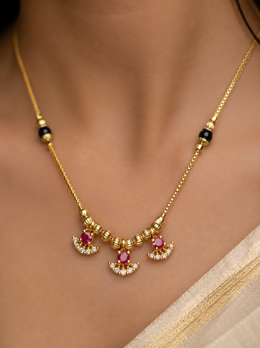 Micro Gold Plated Ruby Stone Studded Fancy Beads Mangalsutra with AD Diamond Detailing for Women