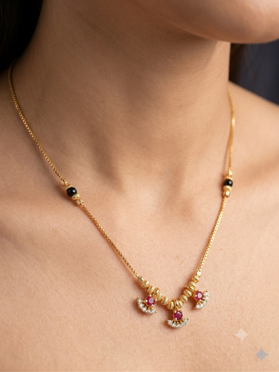 Micro Gold Plated Ruby Stone Studded Fancy Beads Mangalsutra with AD Diamond Detailing for Women
