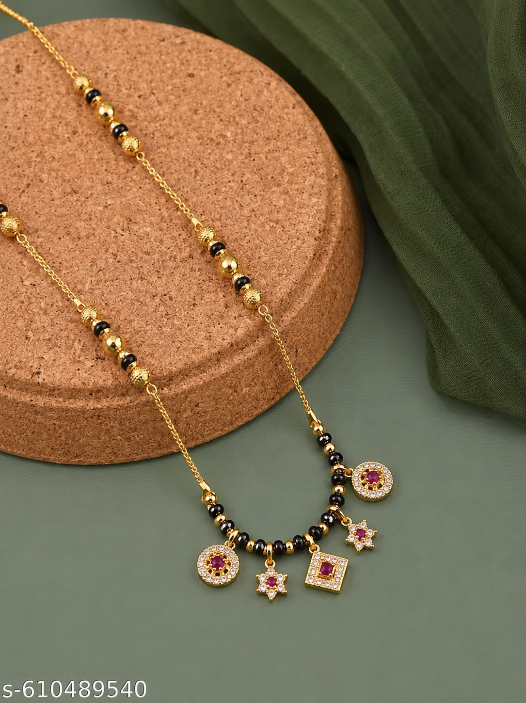 Micro Gold Plated Ruby Stone & AD Diamond Fancy Charm Mangalsutra for Women