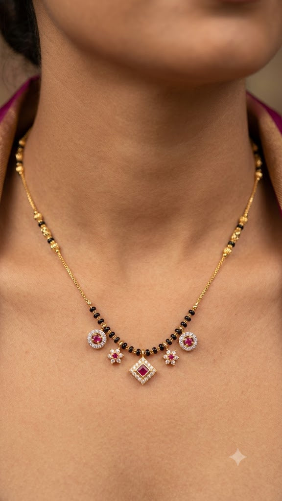Micro Gold Plated Ruby Stone & AD Diamond Fancy Charm Mangalsutra for Women