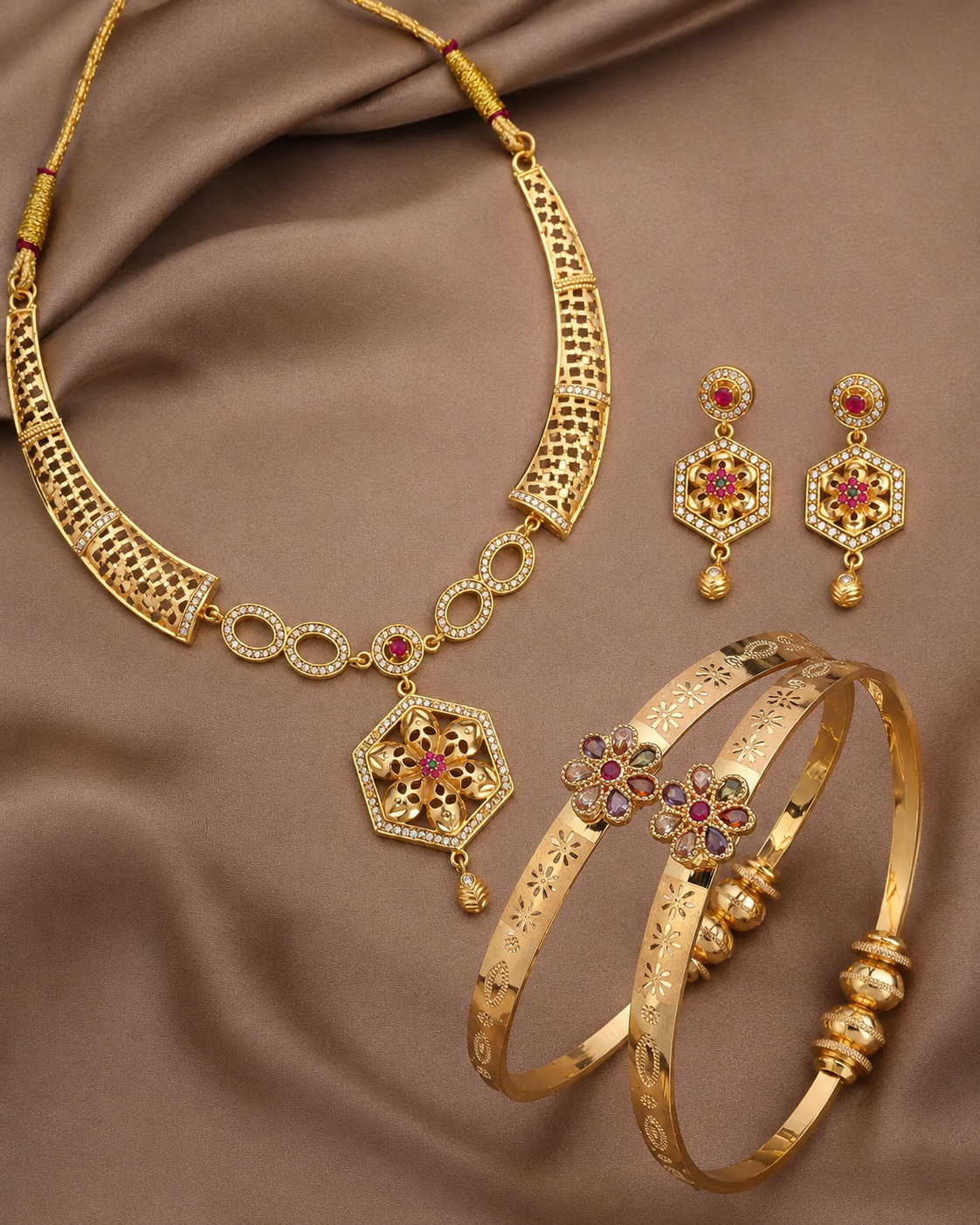 Micro Gold Plated Ruby & Emerald Floral Hexagon Pendant Necklace Set with Designer Bangles