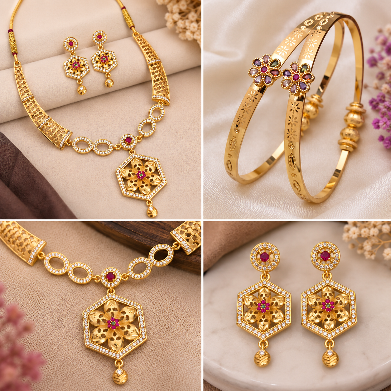 Micro Gold Plated Ruby & Emerald Floral Hexagon Pendant Necklace Set with Designer Bangles