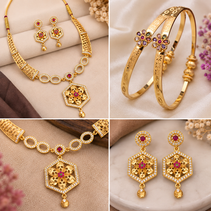 Micro Gold Plated Ruby & Emerald Floral Hexagon Pendant Necklace Set with Designer Bangles