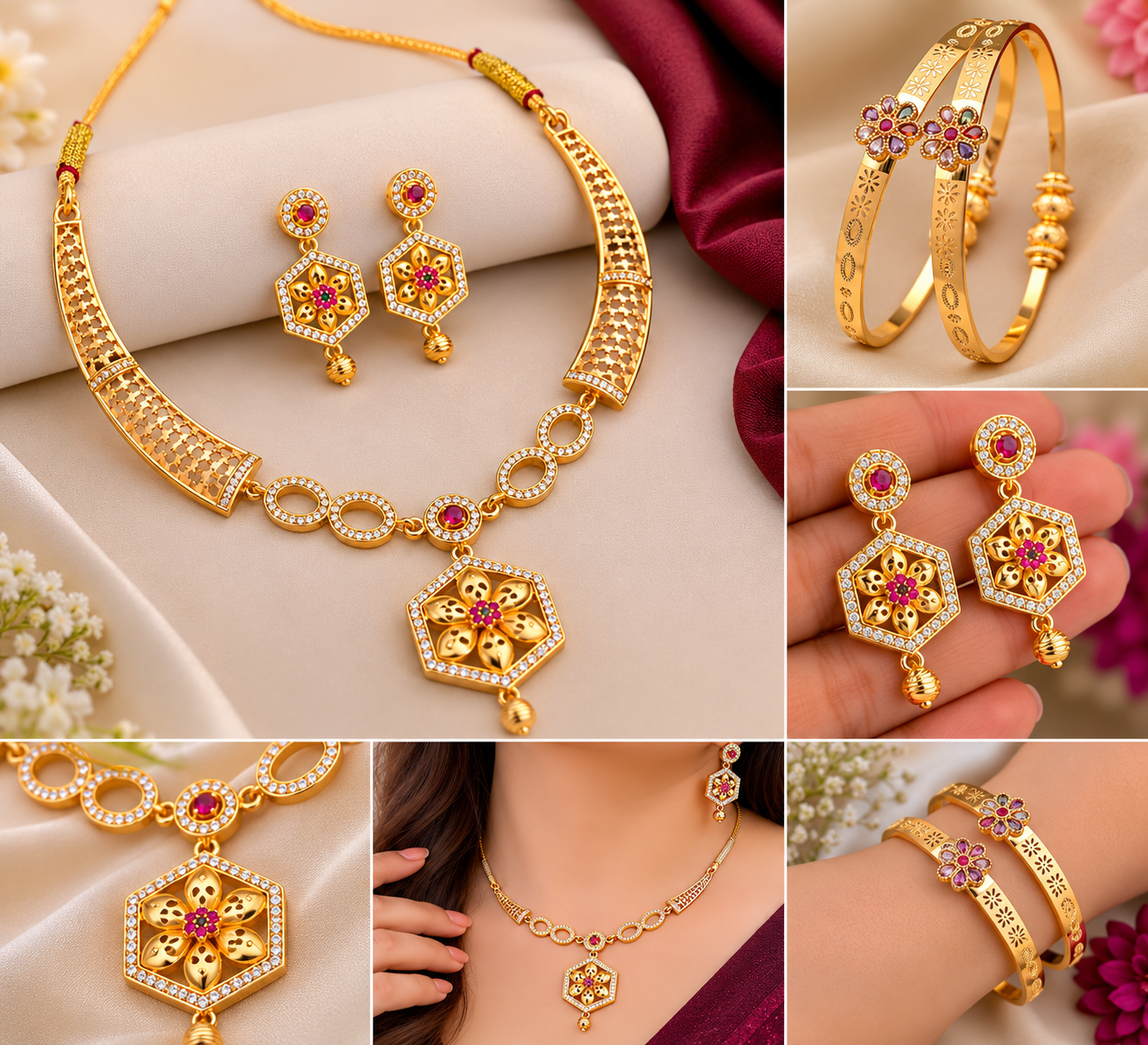 Micro Gold Plated Ruby & Emerald Floral Hexagon Pendant Necklace Set with Designer Bangles
