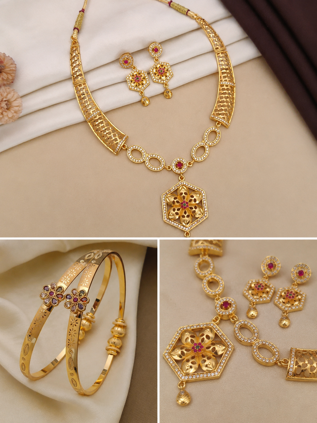 Micro Gold Plated Ruby & Emerald Floral Hexagon Pendant Necklace Set with Designer Bangles