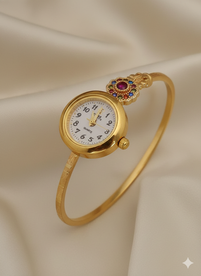 Premium Micro Gold Plated Floral Bangle Watch with Elegant Color Stone Detail
