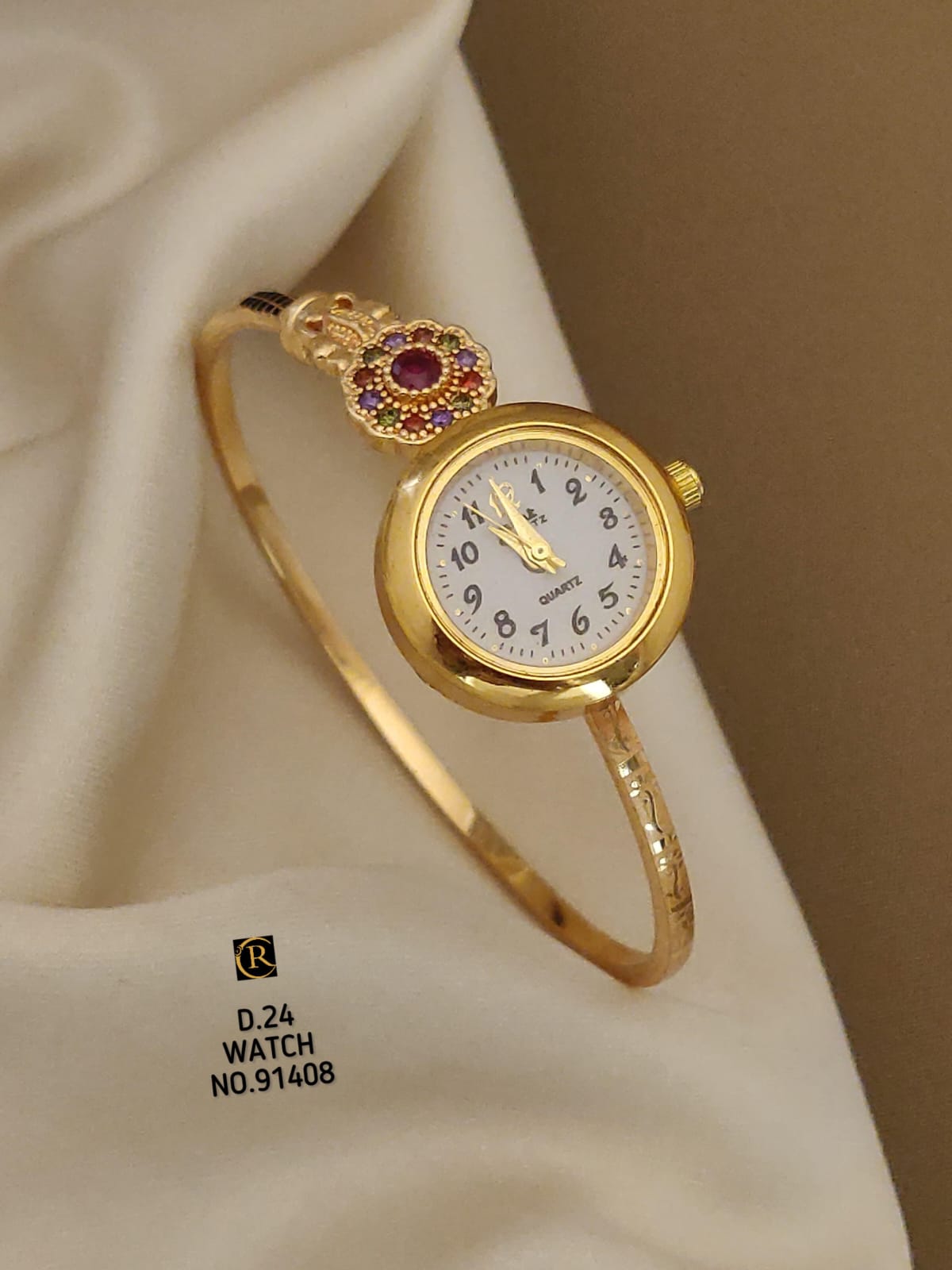 Premium Micro Gold Plated Floral Bangle Watch with Elegant Color Stone Detail