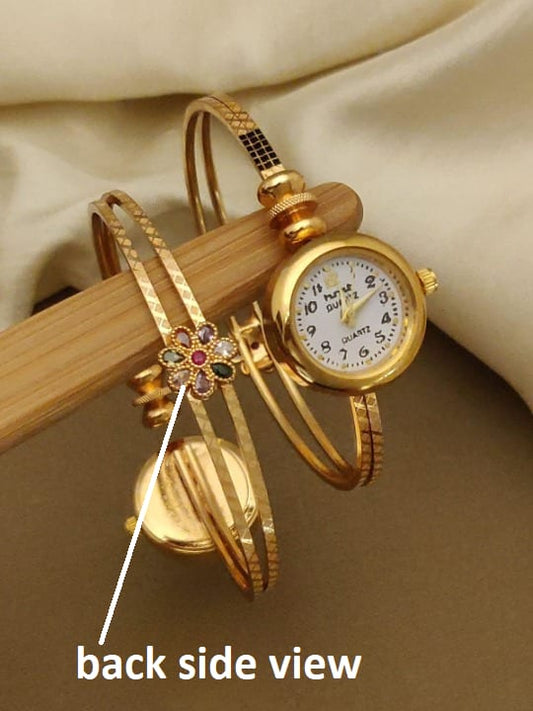 Micro Gold Plated Ad Diamond Studded Adjustable Flower Watch For Women