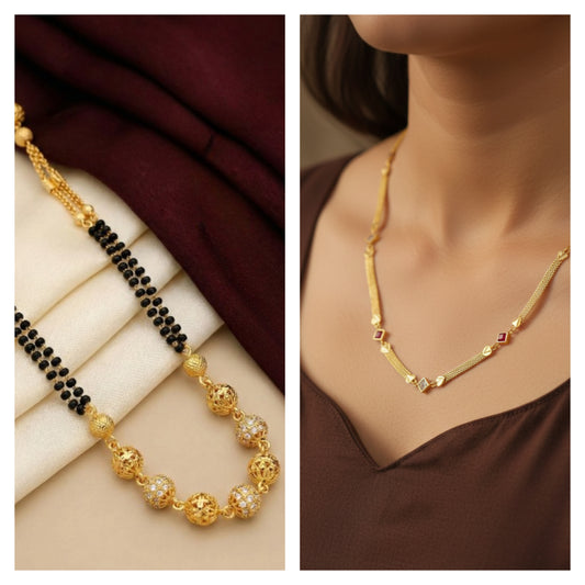 Micro gold plated ad dimaond studed fancy ball mangalsutra with square diamond chain