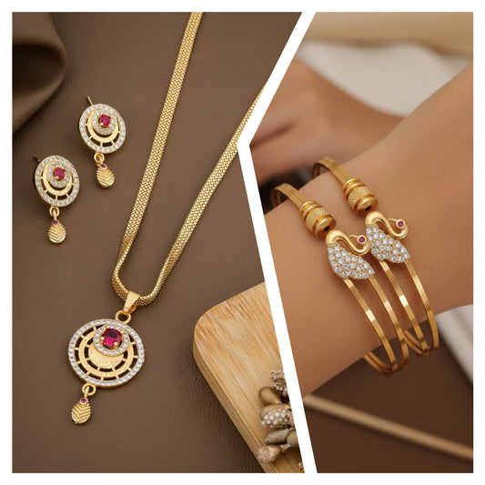 Micro Gold Plated Ad Diamond Studded Moon Pendant Set With Swan Kadli Combo