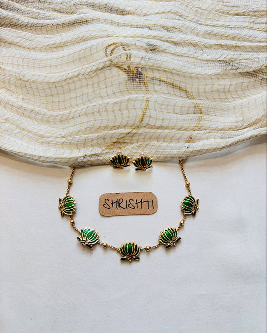 Micro Gold Plated Meena Work Green Lotus Necklace With Earrings For Women