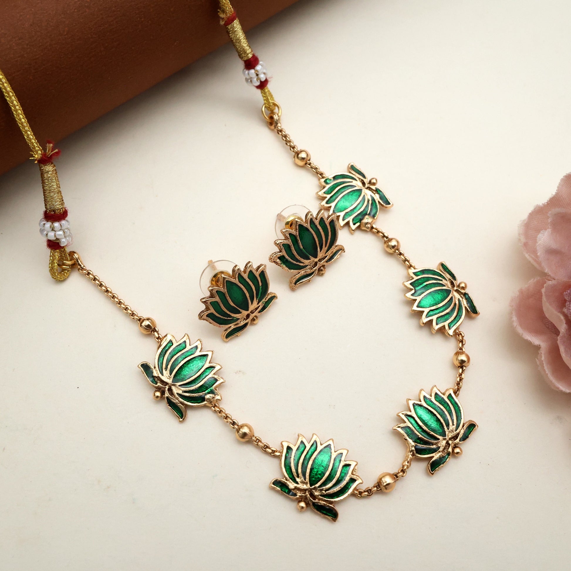 Micro Gold Plated Meena Work Green Lotus Necklace with Earrings for Women