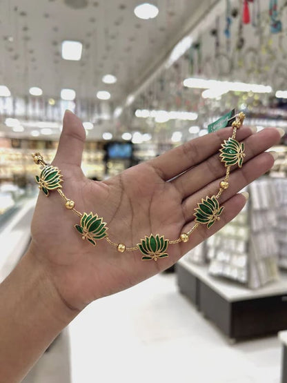 Micro Gold Plated Meena Work Green Lotus Necklace With Earrings For Women