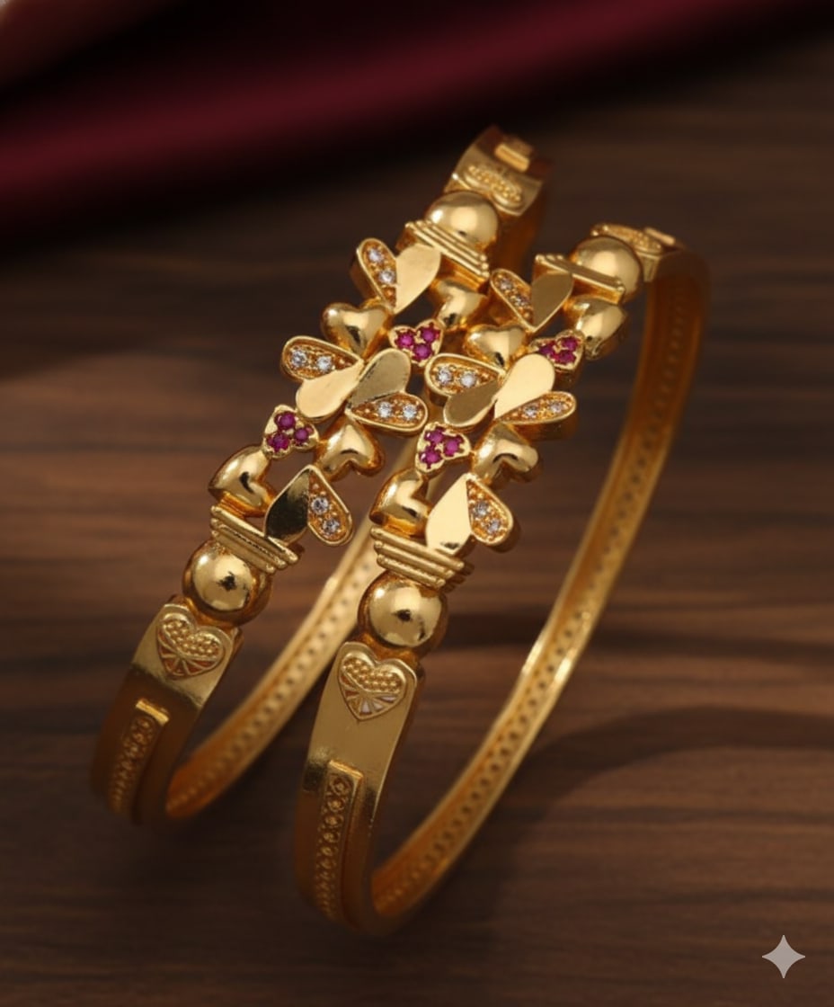 Micro Gold Plated Ad Diamond Studded Heart Shape Bangles For Women – Set Of 2