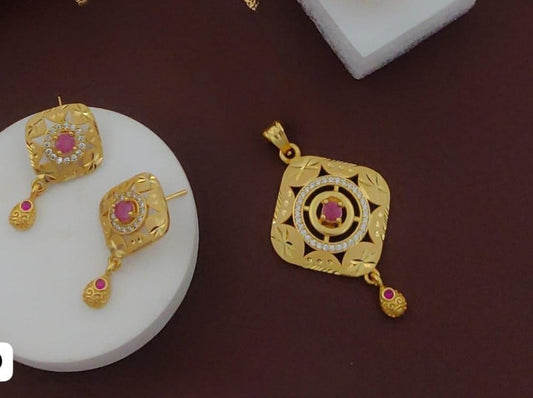 High Gold Plated Stunning American Diamond And Pink Diamond Studded Forming Designer Square Pendent Set