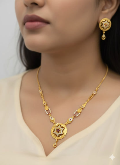 Micro Gold Plated Ad Diamond Studed Fancy Star Pendent With Earring With Adjustable Ring