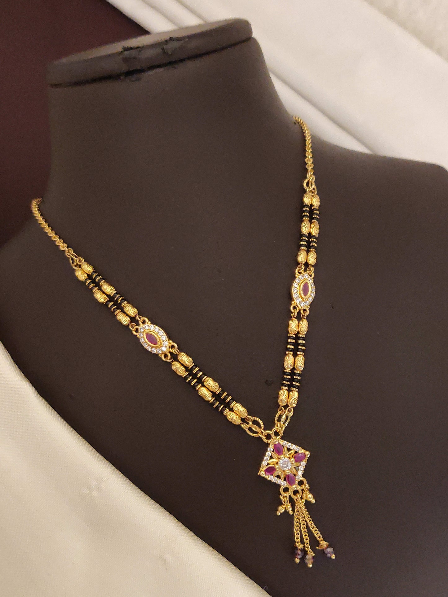 A Stunning High Gold Plated Ruby Stone Fancy Square Mangalsutra
