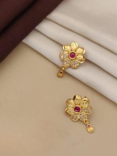 High Gold Plated Ruby Stone Studed Fancy Flower Pendent Set With Ring