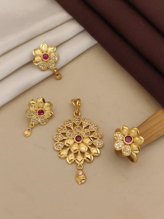 high gold plated ruby stone studed fancy flower pendent set with ring