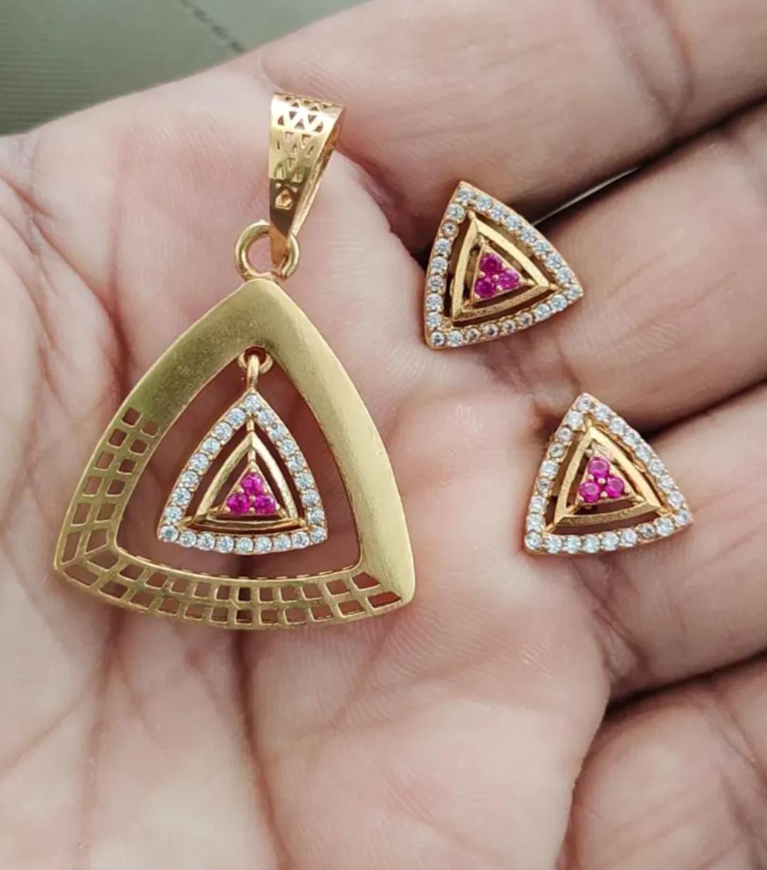 High Gold Plated Ad Diamond Studed Facy Triangle Pendent Set