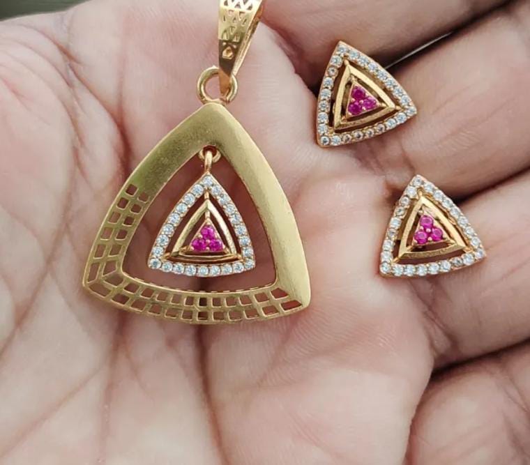 High Gold Plated Ad Diamond Studed Facy Triangle Pendent Set