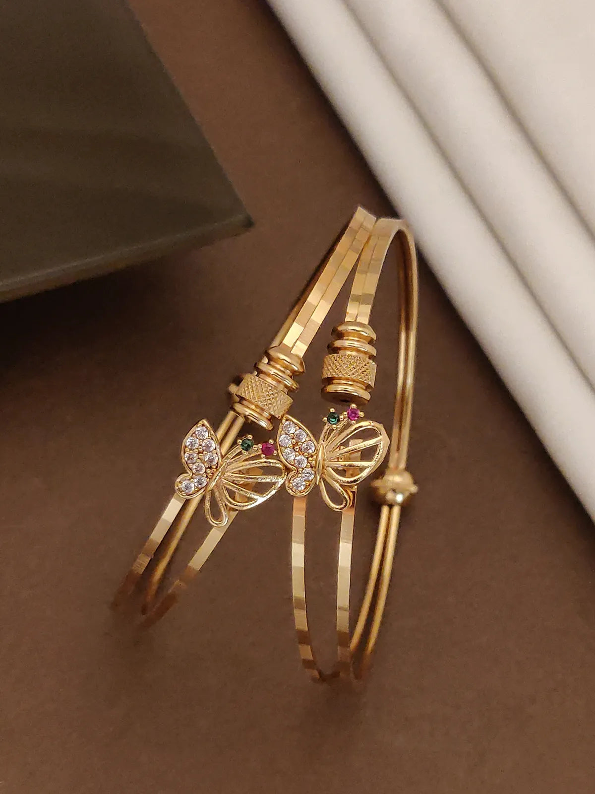 Premium Gold Plated Butterfly & Floral Designer Adjustable Bangle Combo for Women | Stone Studded Fancy Bangles (Set of 3 Pairs)
