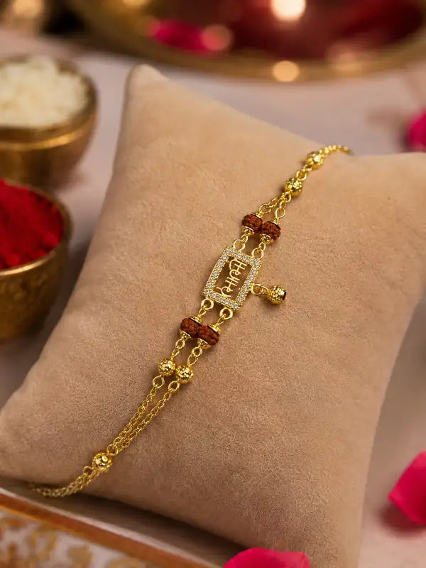 Premium Gold-Plated Designer Bhabhi Rakhi with Rudraksha Beads