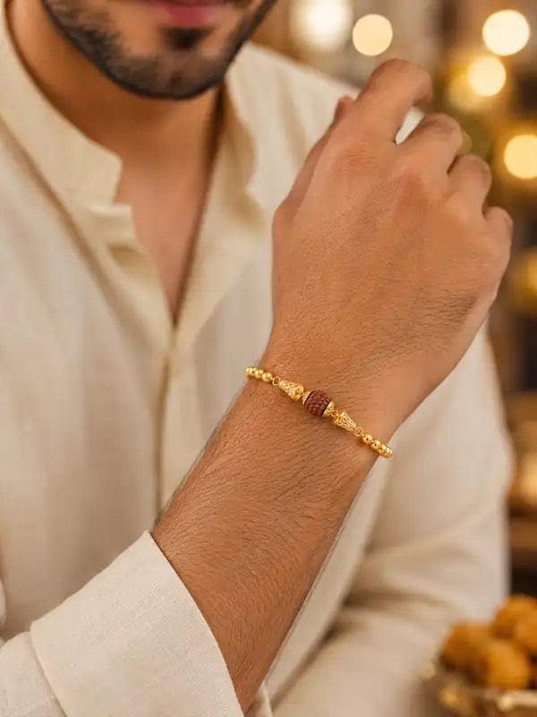 Premium Gold-Plated Rudraksha Beaded Rakhi Bracelet for Men