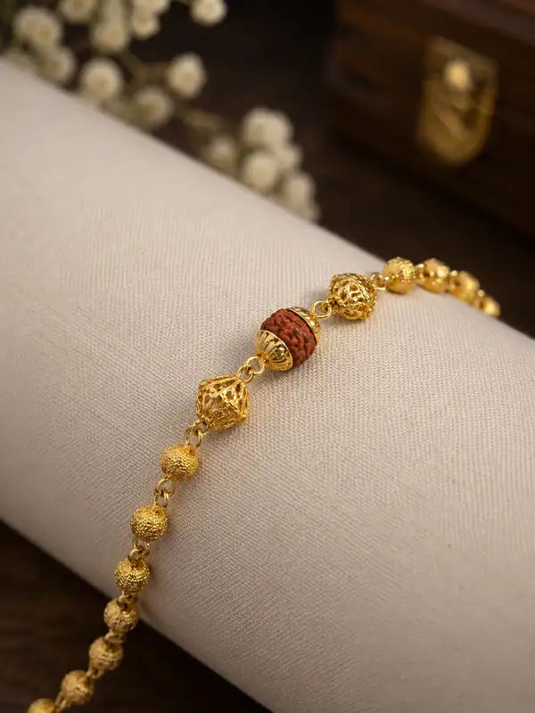 Premium Gold-Plated Rudraksha Beaded Rakhi  Bracelet for Men