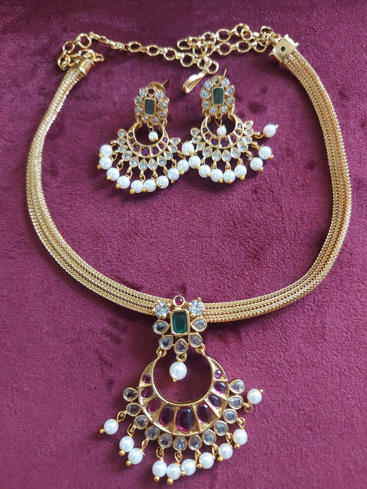 Premium Kundan Stone & Ruby Stone Studded Antique Finish Beautiful Necklace With Earrings