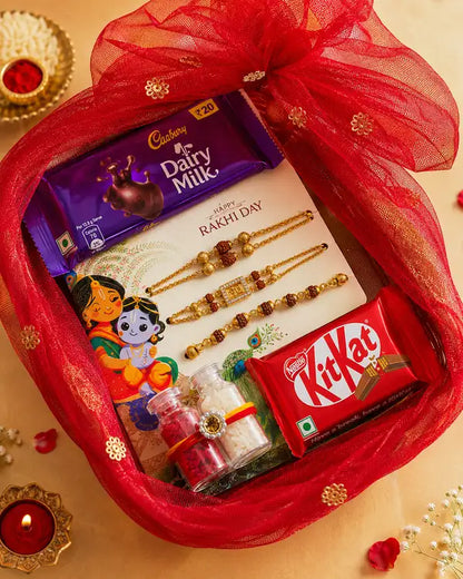 Premium Rudraksha Rakhi Chocolate Gift Hamper for Brother – Set of 3 Rakhis with Dairy Milk, KitKat, Roli & Chawal