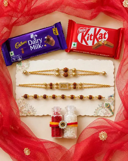 Premium Rudraksha Rakhi Chocolate Gift Hamper for Brother – Set of 3 Rakhis with Dairy Milk, KitKat, Roli & Chawal