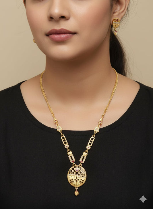 Micro Gold Plated Ad Diamond Studded Flower Oval Necklace With Earrings For Women