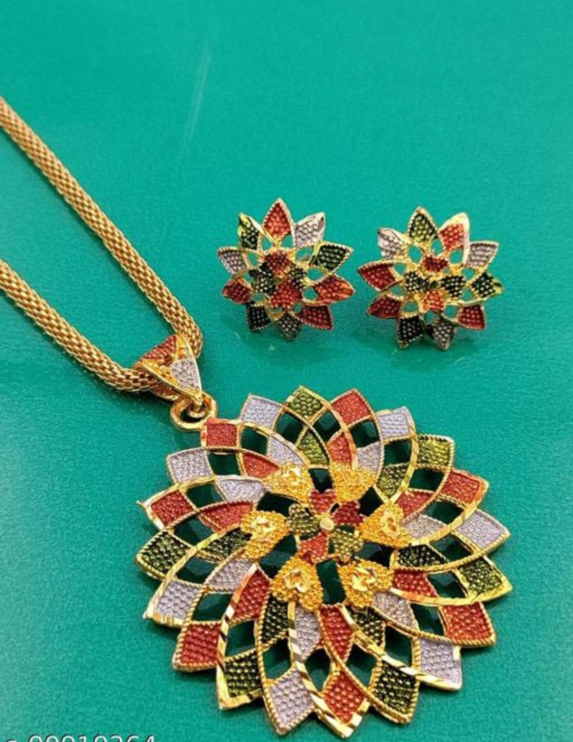 Multicoloured Designer High Gold Plated Pendent Chain With Beautiful Earrings