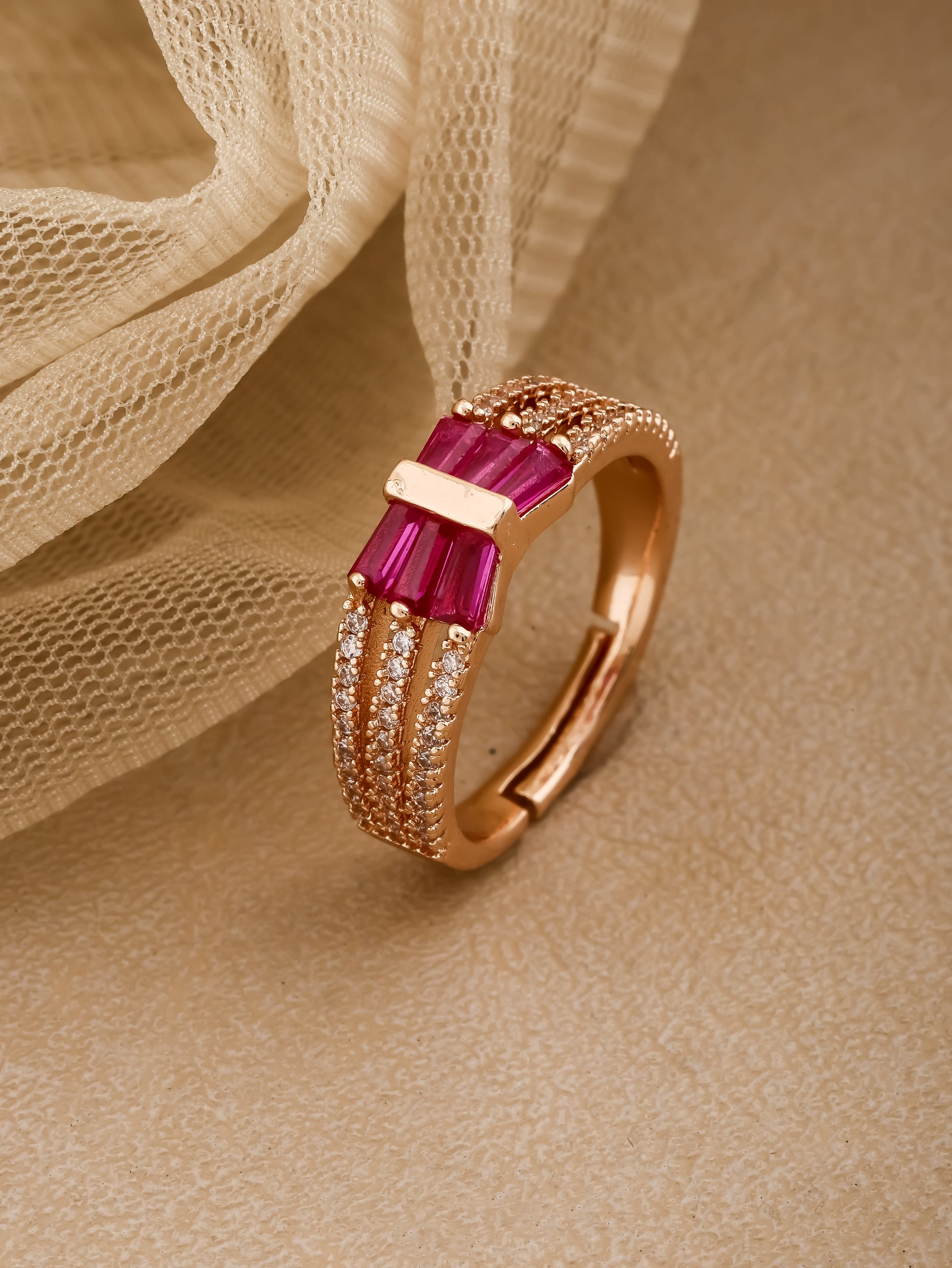 Rose Gold Plated AD Diamond Studded Fancy 3 Line Adjustable Ring