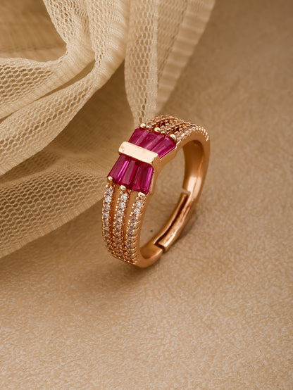 Rose Gold Plated AD Diamond Studded Fancy 3 Line Adjustable Ring