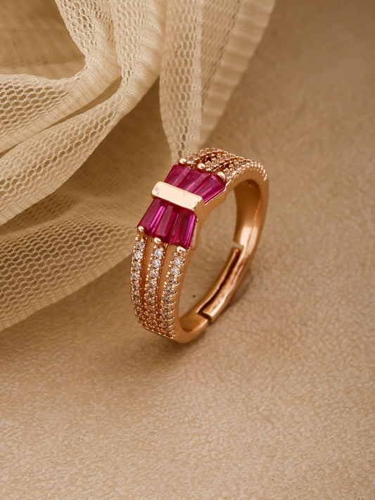 Rose Gold Plated AD Diamond Studded Fancy 3 Line Adjustable Ring