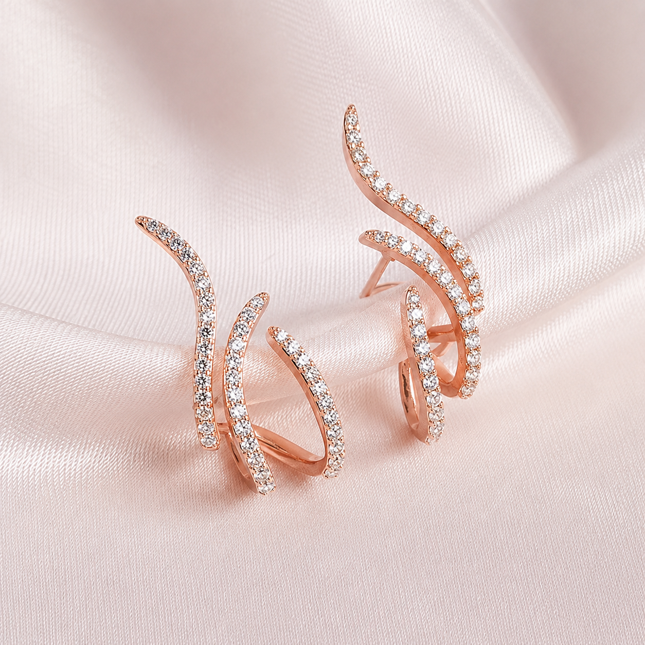 Rose Gold Plated Diamond Studded Designer Triple Curve Hoop Earrings for Women